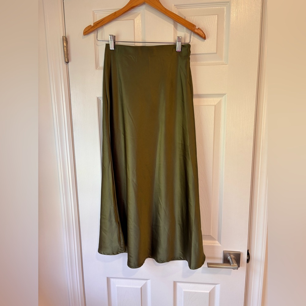 zeagoo Olive Green Satin Midi Skirt
